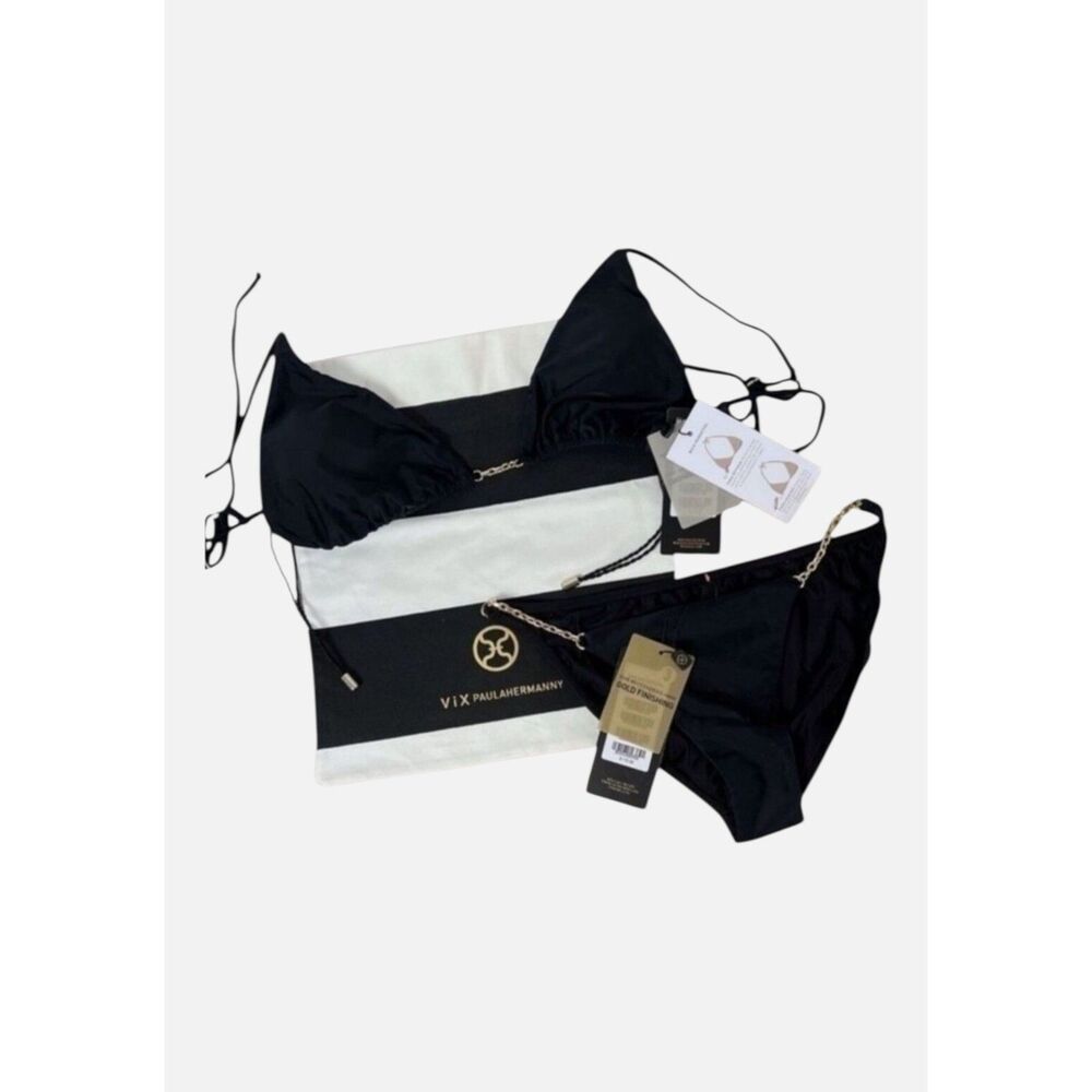 ViX Paula Hermanny Chain Bikini Set Black Gold + Swim Bag D Cup Small Brazil NWT